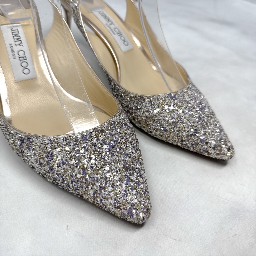 Jimmy Choo Erin 60 Platinum Glitter Pointed Toe Slingback Kitten Heel Pumps 38 - Picture 6 of 16